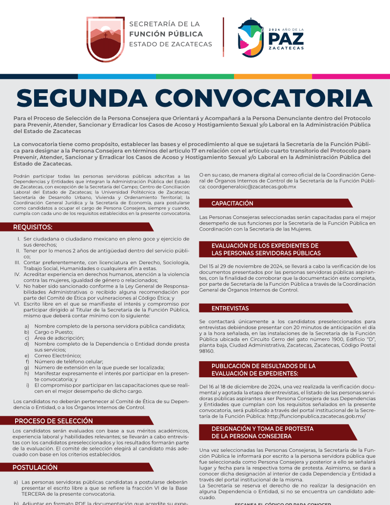 Para el Proceso de Selección de la Persona Consejera que Orientará y Acompañará a la Persona Denunciante dentro del Protocolo para Prevenir, Atender, Sancionar y Erradicar los Casos de Acoso y Hostigamiento Sexual y/o Laboral en la Administración Pública del Estado de Zacatecas (Segunda Convocatoria)