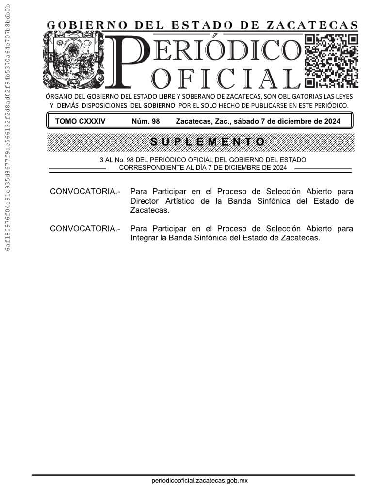 Proceso de selección abierto para Director Artístico e Integración de la Banda Sinfónica del Estado de Zacatecas