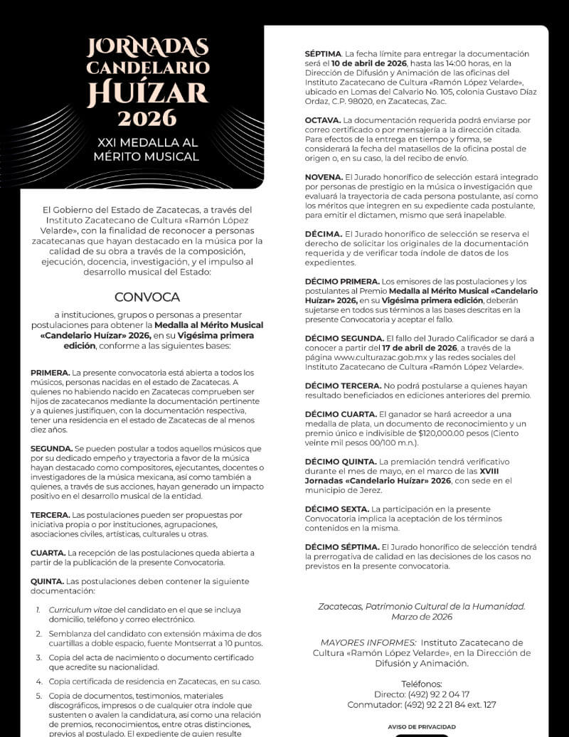 XXI Medalla al Mérito "Candelario Huízar" 2026